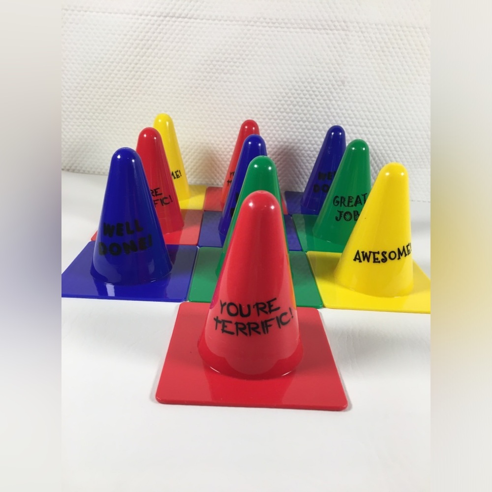 Mini Cones 10 Pc with Words of Encouragement for Kids (Red, Yellow, Blue,Green)
